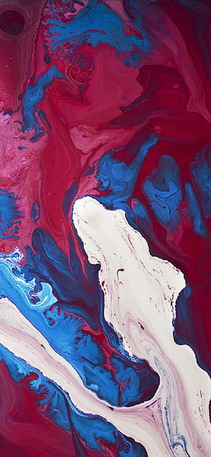 Vibrant Abstract Fluid Art with Swirling Crimson, Cobalt, and Cream Pigment Patterns HD phone wallpaper