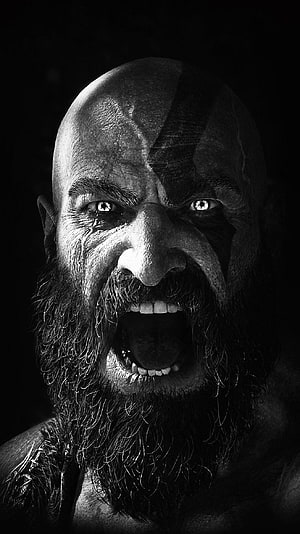 Kratos Intense Black and White Portrait From God Of War Video Game HD phone wallpaper