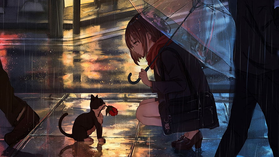 Anime Girl With Umbrella And Kitten Holding A Rose On A Rainy City Street HD wallpaper