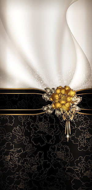 Elegant Black and Gold Peony Floral Brooch with Silk Fabric Background HD phone wallpaper