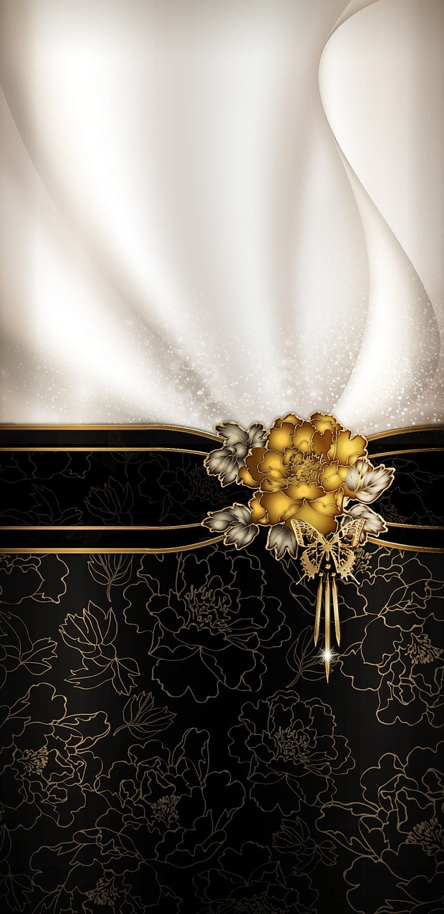 Elegant Black and Gold Peony Floral Brooch with Silk Fabric Background HD phone wallpaper