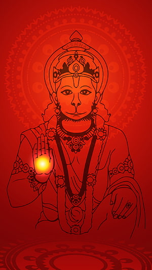Hanuman Line Art Illustration with Glowing Diya on Red Background, Hanuman Mobile , Hanuman Meditation HD phone wallpaper