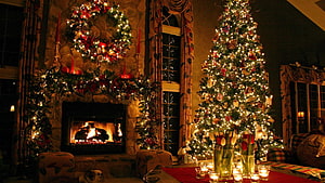 Cozy Christmas Living Room With Fireplace, Wreath, And Illuminated Tree HD wallpaper