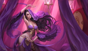 Belly Dancer in Purple Veils and Gold Jewelry in a Pink Fantasy Interior HD wallpaper