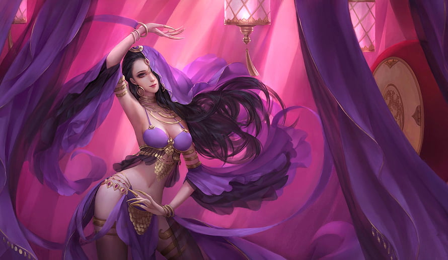 Belly Dancer in Purple Veils and Gold Jewelry in a Pink Fantasy Interior HD wallpaper