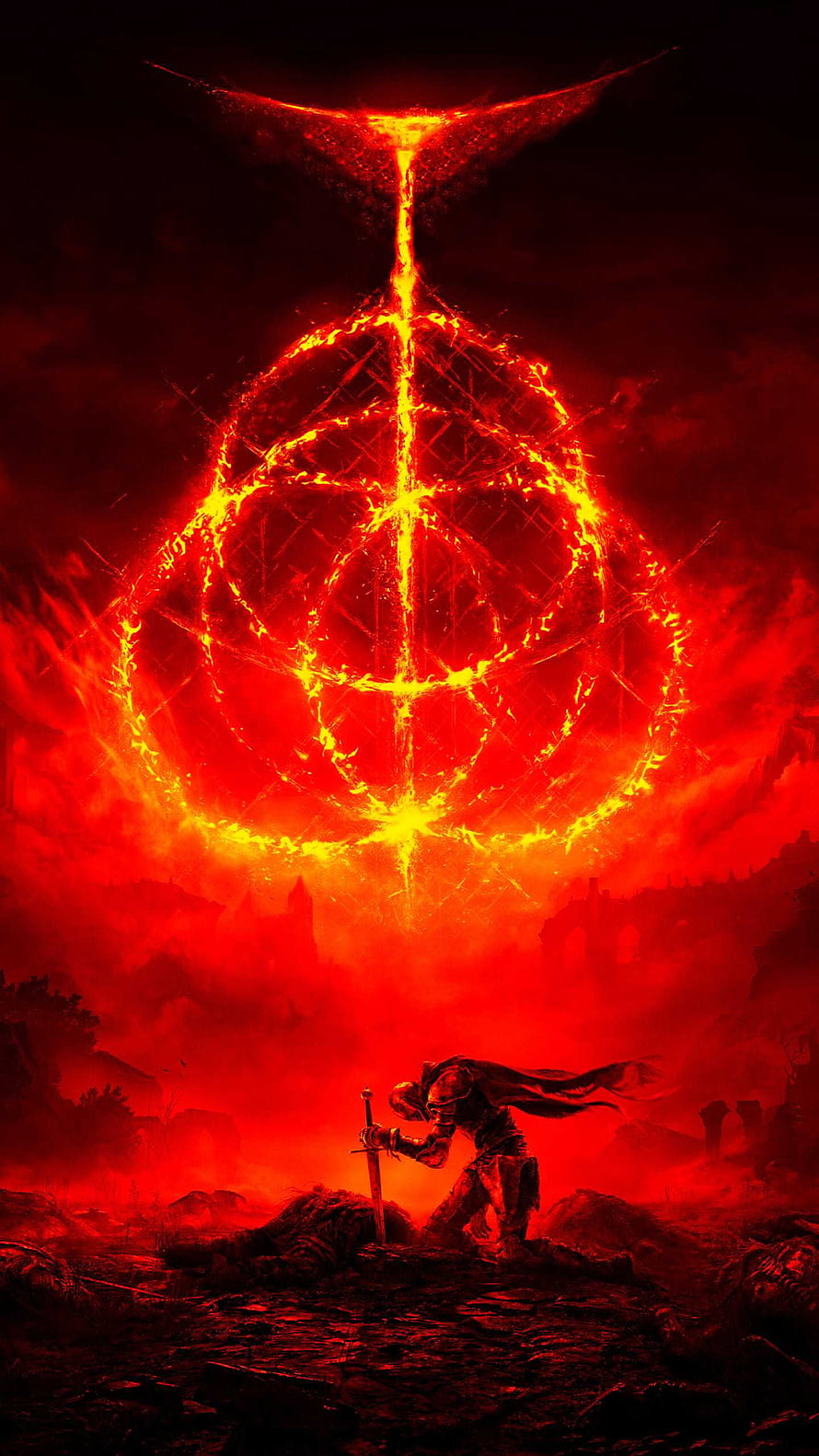 Dark Fantasy Warrior Kneeling Before Massive Glowing Red Rune Symbol In Hellish Landscape HD phone wallpaper