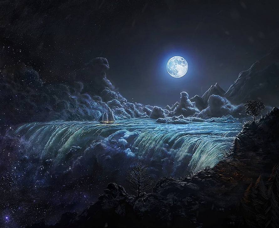 Sailing Ship on a Cloud Waterfall Under a Full Moon in a Starry Night Sky HD wallpaper