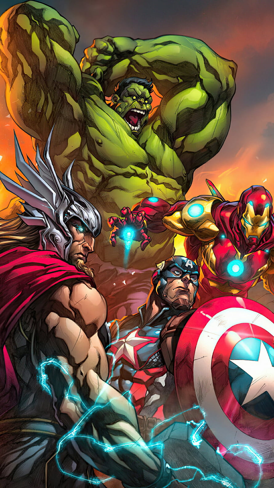 Avengers Team-Up Featuring Hulk, Thor, Iron Man, and Captain America in Epic Comic Art, Avengers, thor, ironman, comics, Captain-america, hulk, Marvel, anime, marvels HD phone wallpaper