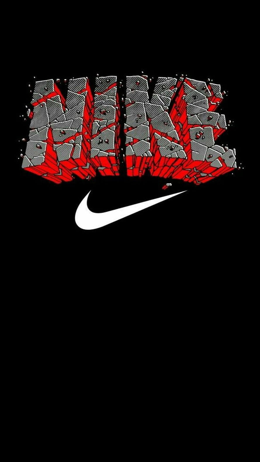 Nike Swoosh Logo with Shattered Red and Grey Stone Texture on Black Background HD phone wallpaper
