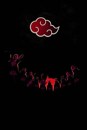 Naruto Akatsuki Members Silhouetted Under Red Cloud Emblem on Black Background HD phone wallpaper
