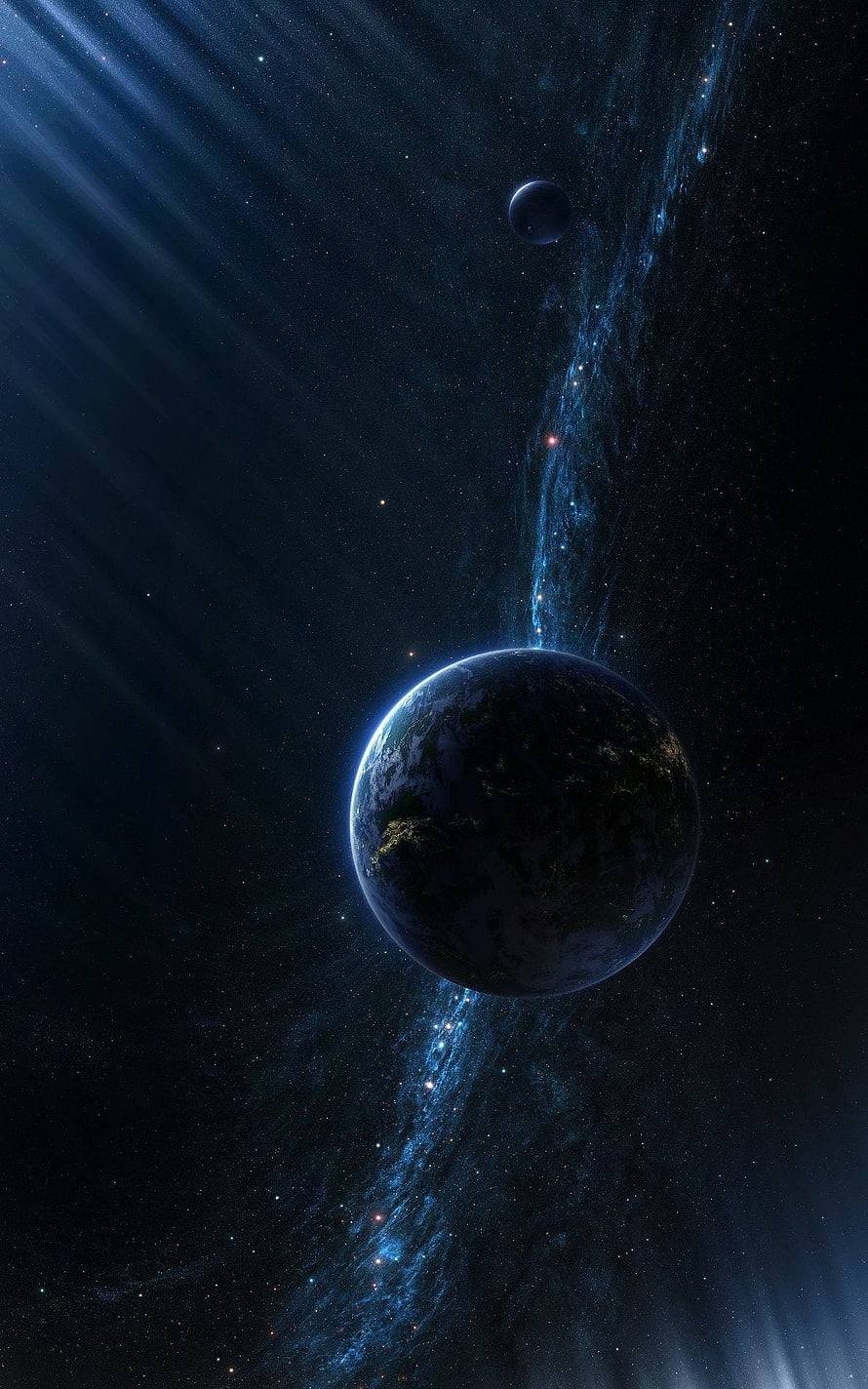 Mysterious Dark Planet in Deep Space with Blue Nebula and Starlight Rays HD phone wallpaper
