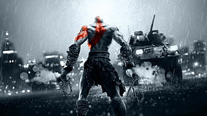 Kratos from God of War facing a tank in a rainy urban battlefield HD wallpaper