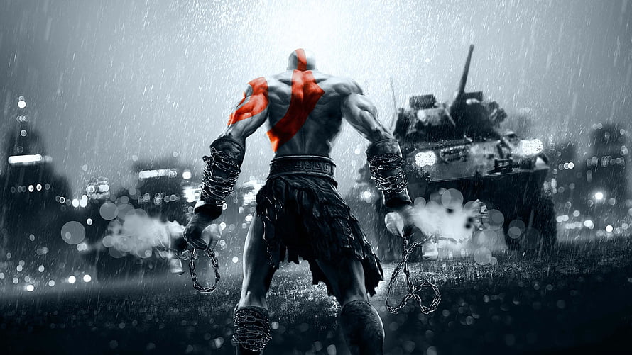 Kratos from God of War facing a tank in a rainy urban battlefield HD wallpaper