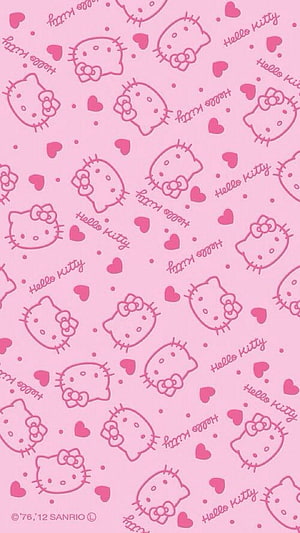 Cute Pink Hello Kitty Pattern Wallpaper With Hearts And Bow Outlines HD phone wallpaper