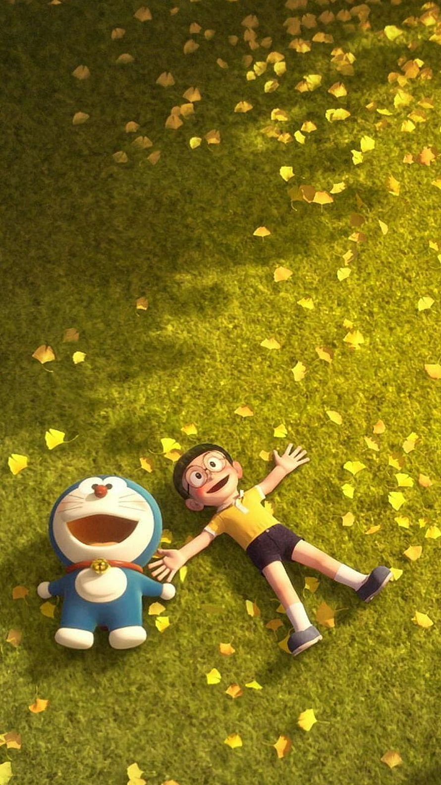 Doraemon and Nobita Lying on Grass with Yellow Leaves HD phone wallpaper
