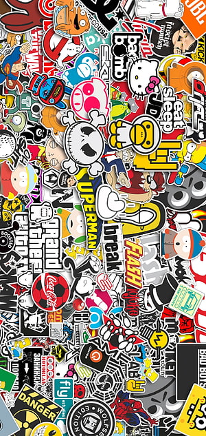 Colorful Sticker Bomb Collage Featuring Pop Culture Icons and Cartoon Characters HD phone wallpaper