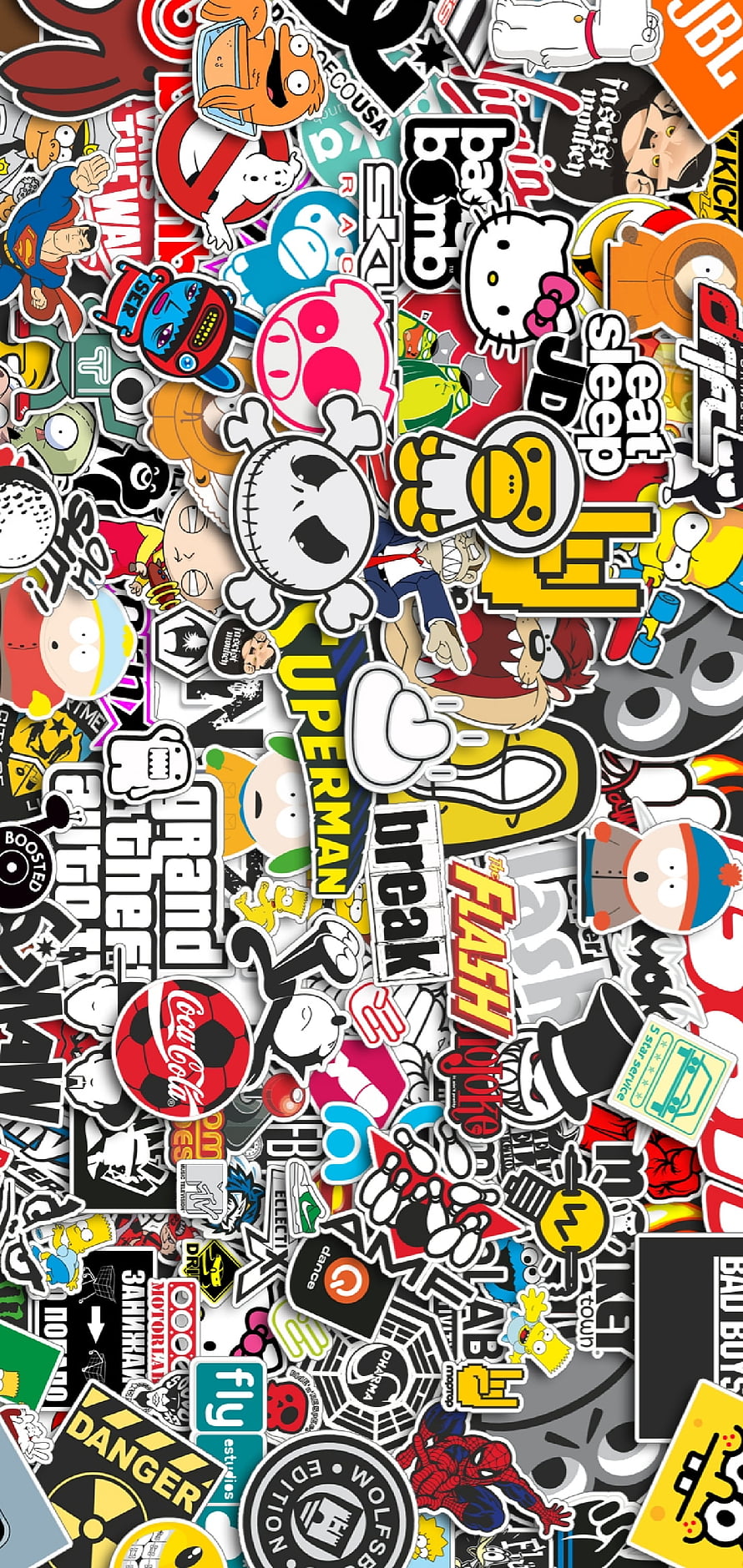 Colorful Sticker Bomb Collage Featuring Pop Culture Icons and Cartoon Characters HD phone wallpaper