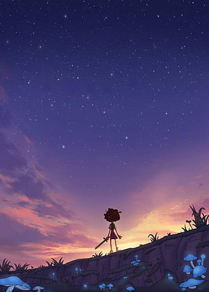 Amphibia Character Standing on Cliff Edge Under Starry Night Sky with Glowing Mushrooms HD phone wallpaper