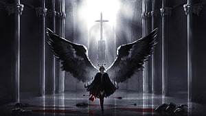 Dark Winged Figure in Gothic Cathedral with Cross and Dramatic Light HD wallpaper