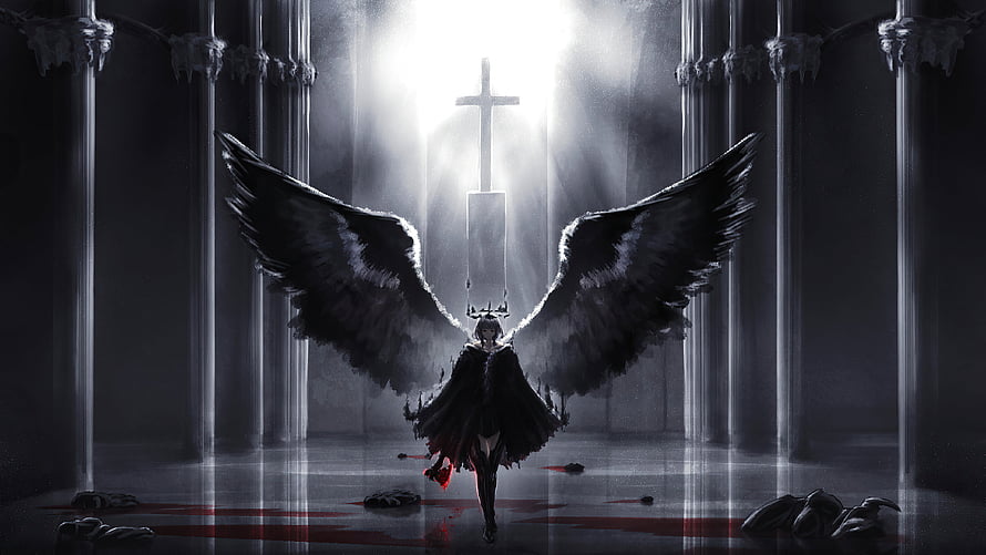 Dark Winged Figure in Gothic Cathedral with Cross and Dramatic Light HD wallpaper