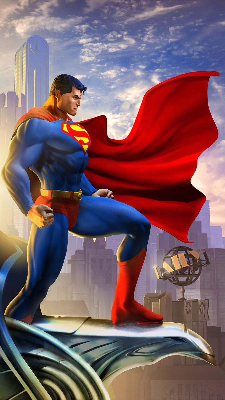 Superman Standing on Eagle Statue in Metropolis with Flowing Red Cape, Superman Animated, Superman Comic Book HD phone wallpaper