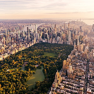Aerial View of Central Park and Manhattan Skyline at Golden Hour HD phone wallpaper