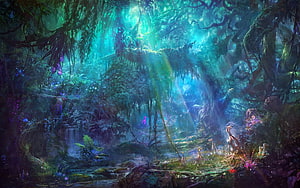 Enchanted Bioluminescent Forest with Mystical Creatures and Glowing Flora HD wallpaper