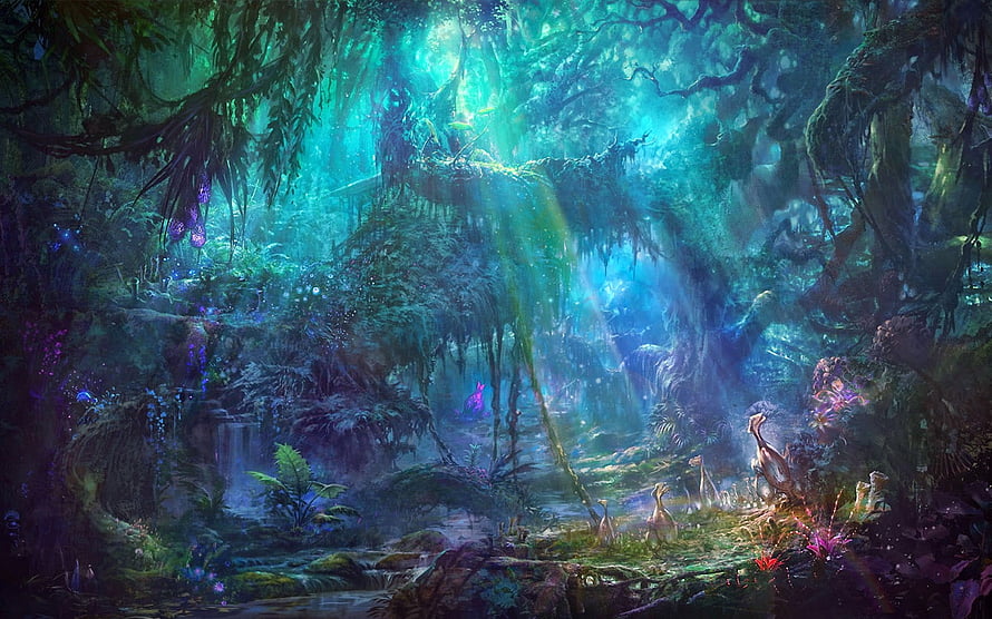 Enchanted Bioluminescent Forest with Mystical Creatures and Glowing Flora HD wallpaper