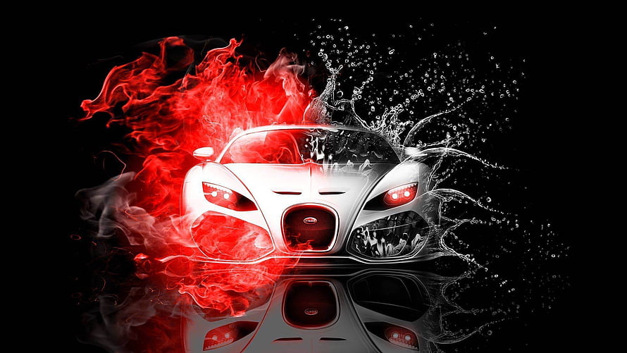 Bugatti Veyron Front View with Red Fire and Water Splash on Black Background HD wallpaper