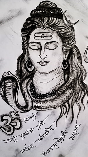 Lord Shiva Pencil Sketch with Cobra and Sanskrit Mantra HD phone wallpaper