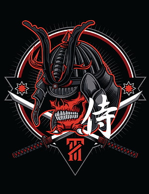 Red Samurai Skull Vector Art With Crossed Katana Swords And Japanese Kanji Emblem HD phone wallpaper