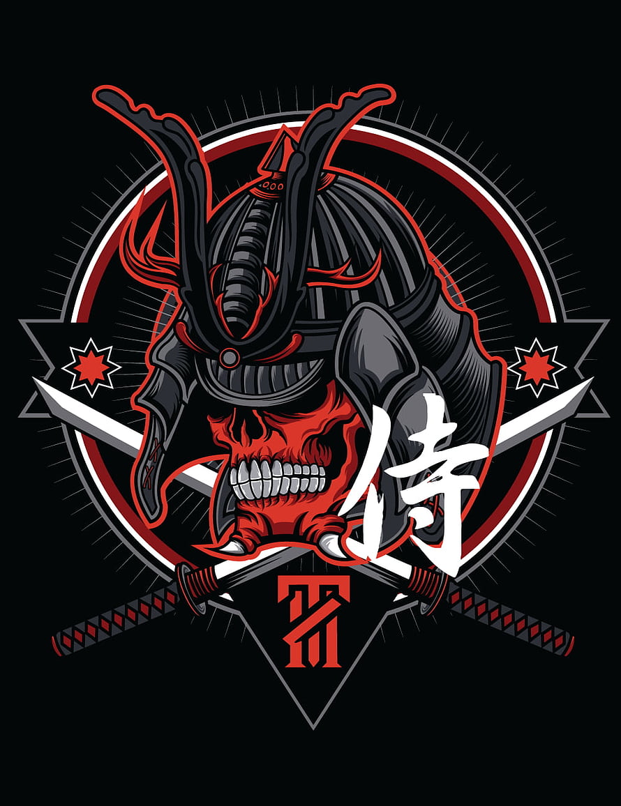 Red Samurai Skull Vector Art With Crossed Katana Swords And Japanese Kanji Emblem HD phone wallpaper