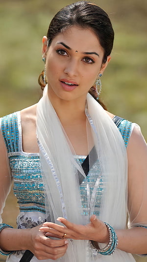 Tamannaah Bhatia in a stunning blue and white traditional outfit with intricate embroidery and jewelry, Tamanna Bhatia, telugu actress HD phone wallpaper