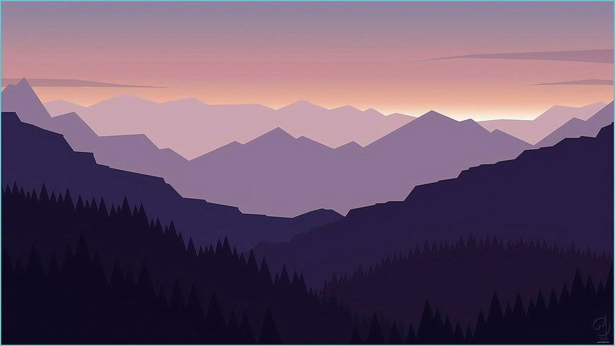 Purple Mountain Range Silhouette at Sunset with Pine Forest HD wallpaper