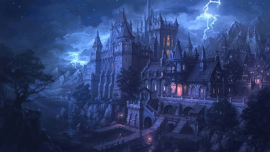 Hogwarts Castle at Night with Lightning Storm and Gothic Architecture HD wallpaper