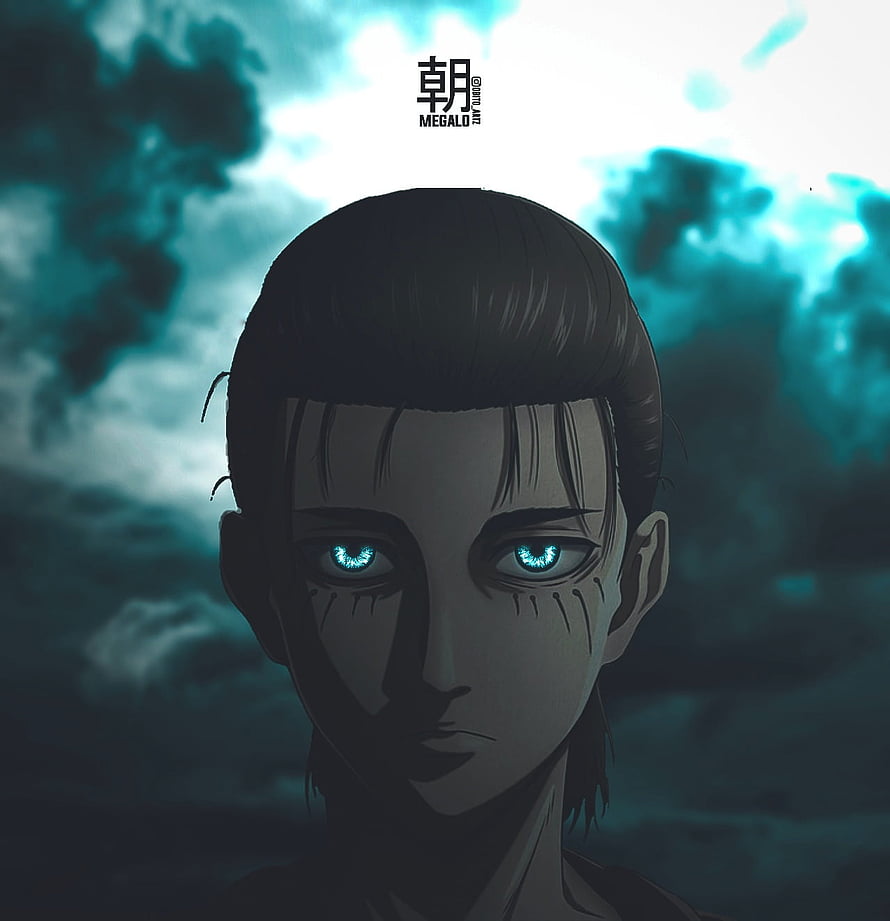 Yelena from Attack on Titan anime character portrait with glowing blue eyes and dark teal cloudy background HD phone wallpaper