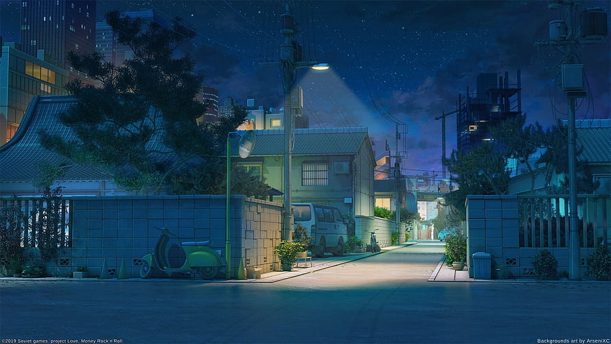 Quiet Japanese Neighborhood at Night with Street Lamp and Parked Scooter HD wallpaper