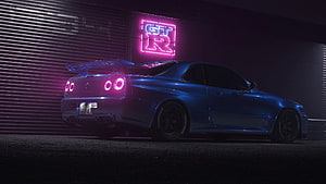 Blue Nissan Skyline GT-R R34 with Neon Lights and Pink Glow HD wallpaper