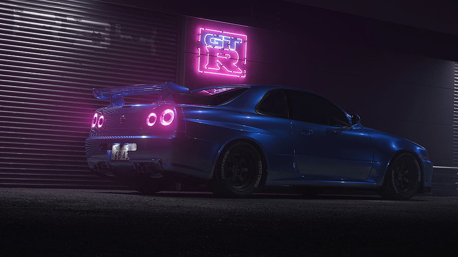 Blue Nissan Skyline GT-R R34 with Neon Lights and Pink Glow HD wallpaper