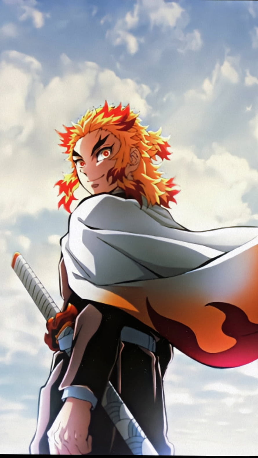 Kyojuro Rengoku from Demon Slayer Standing with Katana Against a Cloudy Sky HD phone wallpaper