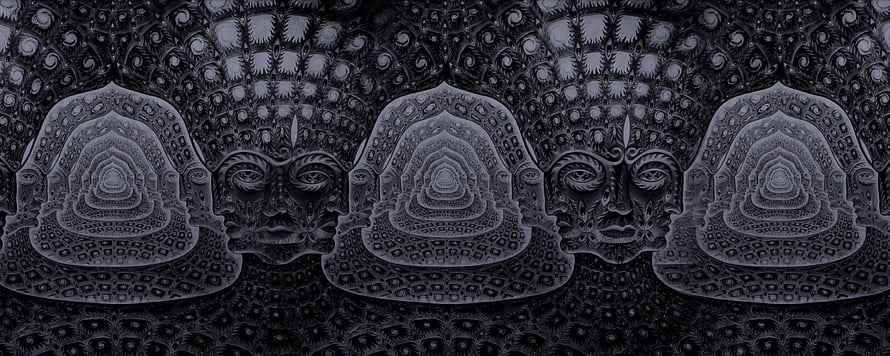 Alex Grey Dark Mandala Artwork with Symmetrical Faces and Intricate Patterns HD wallpaper