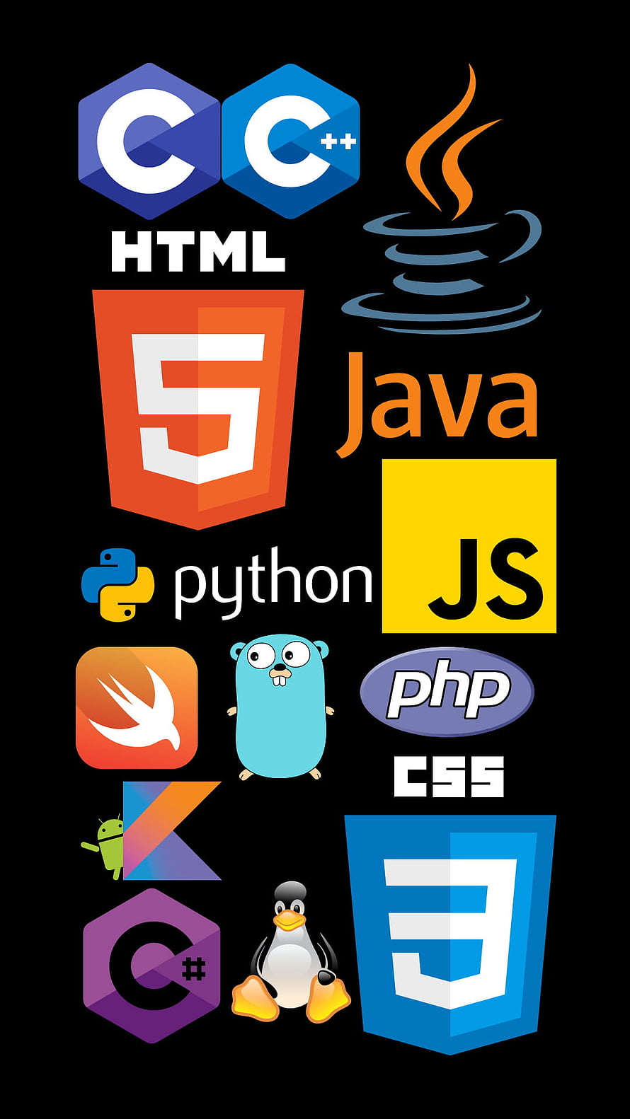Programming Language Logos Collection on Black Background HD phone wallpaper