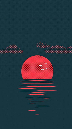 Minimalist Red Sun Setting Over Ocean With Birds And Halftone Clouds HD phone wallpaper