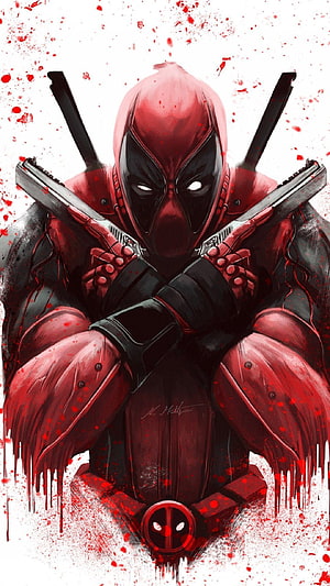 Deadpool Merc with a Mouth Holding Dual Pistols and Swords in Red and Black Suit HD phone wallpaper