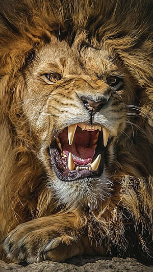 Majestic Male Lion Roaring With Bared Fangs And Intense Golden Eyes HD phone wallpaper