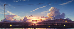 Anime Style Japanese Countryside Sunset With Torii Gate And Mountains HD wallpaper