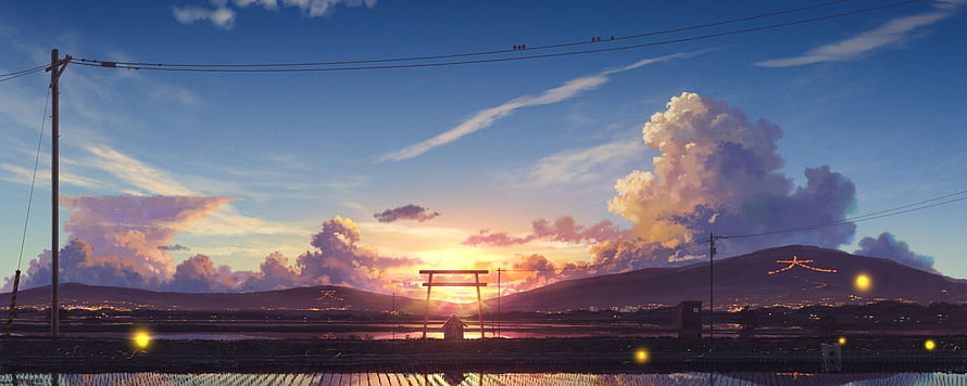 Anime Style Japanese Countryside Sunset With Torii Gate And Mountains HD wallpaper
