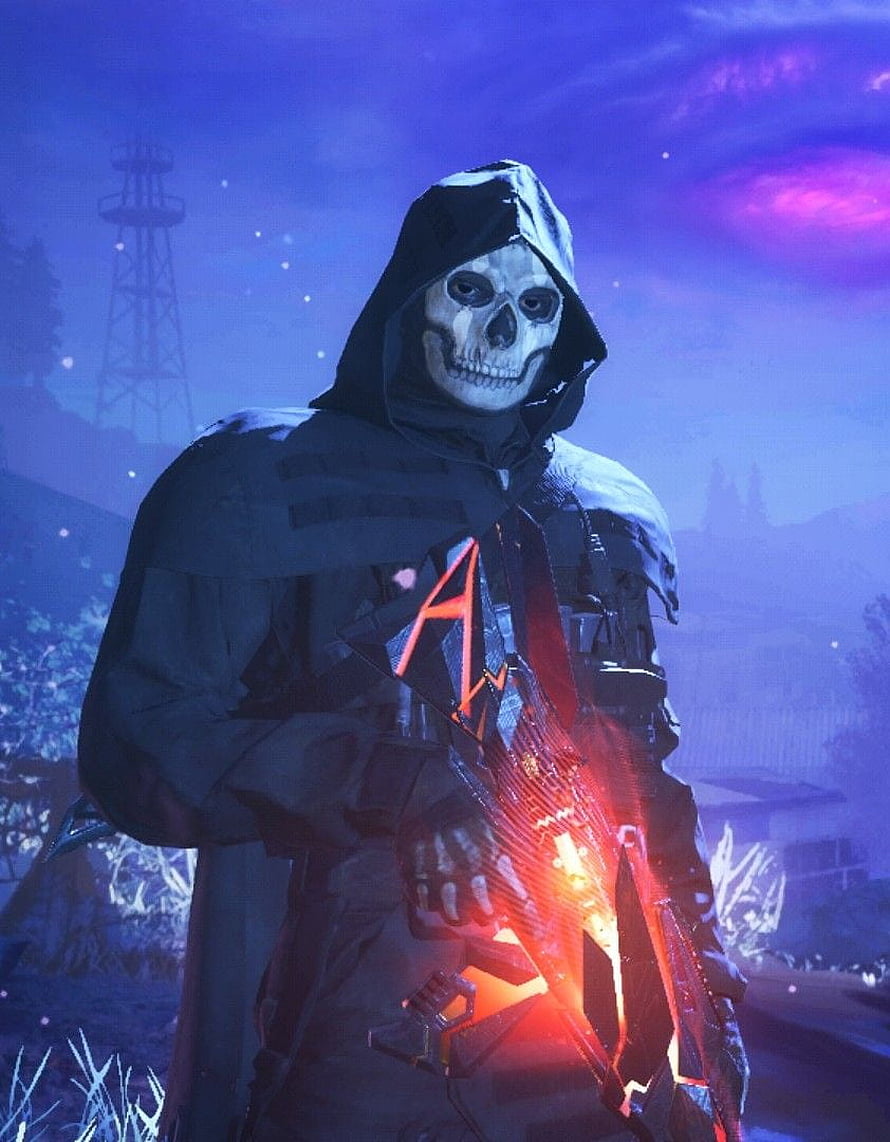 Ghost Azrael from Call of Duty Ghosts in a hooded tactical outfit holding a glowing weapon under a purple night sky HD phone wallpaper