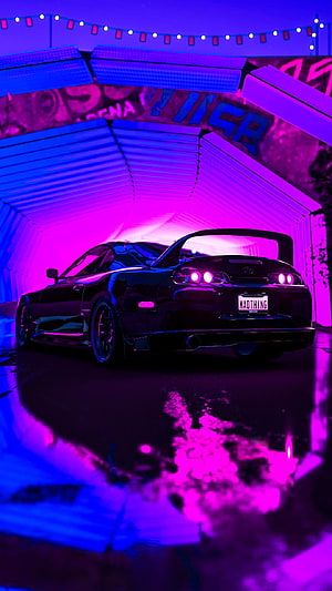 Black Toyota Supra in Neon Purple and Blue Underpass HD phone wallpaper