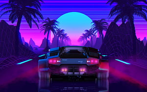Rear View of a Lamborghini Countach in a Neon Synthwave Desert Landscape HD wallpaper